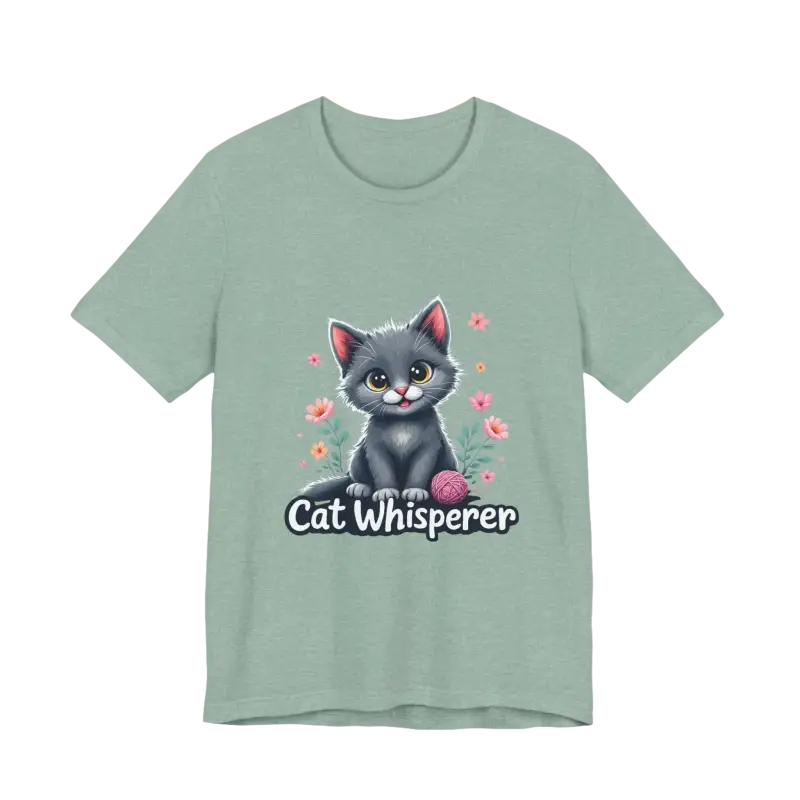 Green Cat Whisperer Unisex Jersey Tee featuring a playful cat graphic for cat lovers