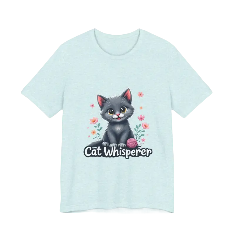 Light blue Cat Whisperer Unisex Jersey Tee featuring a playful cat graphic for cat lovers