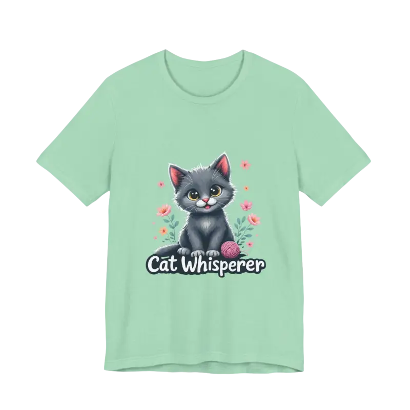 Mint green Cat Whisperer Unisex Jersey Tee for cat lovers gift displayed
