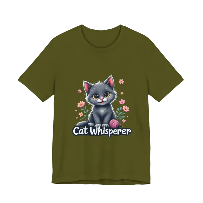 Olive green Cat Whisperer Unisex Jersey Tee featuring a cat graphic for cat lovers