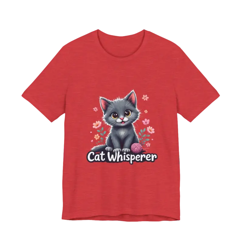 Red Cat Whisperer Unisex Jersey Tee featuring a playful cat graphic for cat lovers