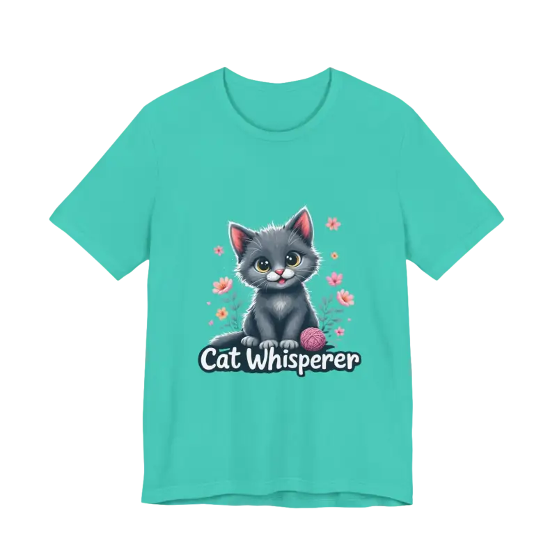 Teal unisex jersey tee featuring a cat graphic for cat lovers gift