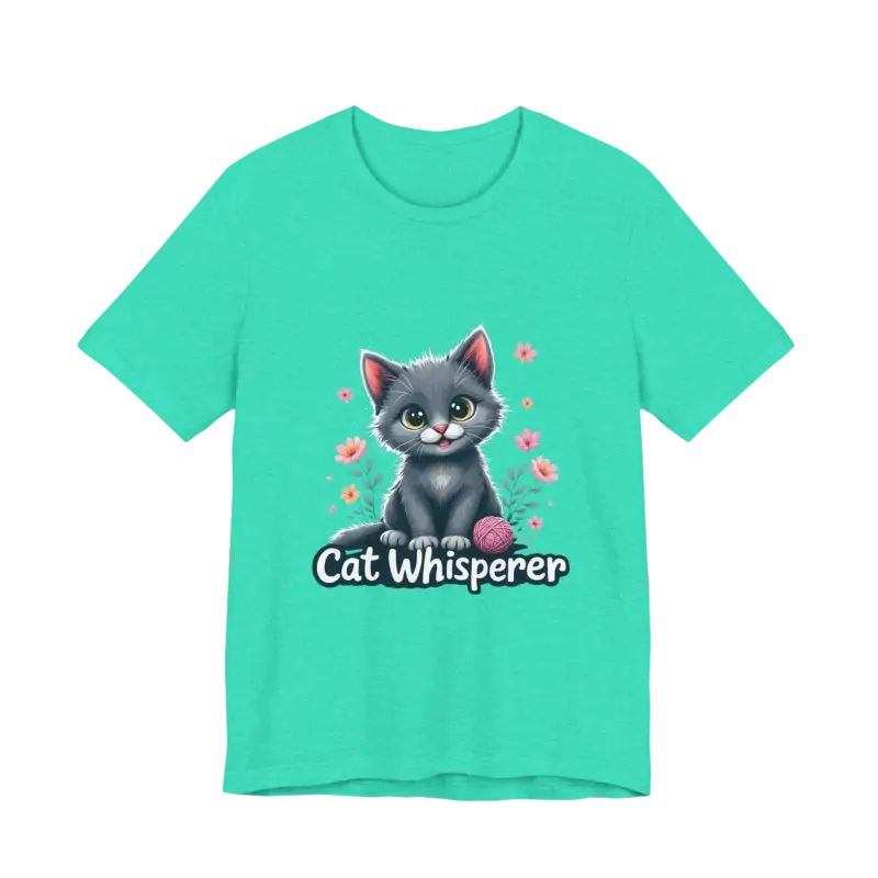 Teal Cat Whisperer Unisex Jersey Tee featuring a playful cat graphic for cat lovers