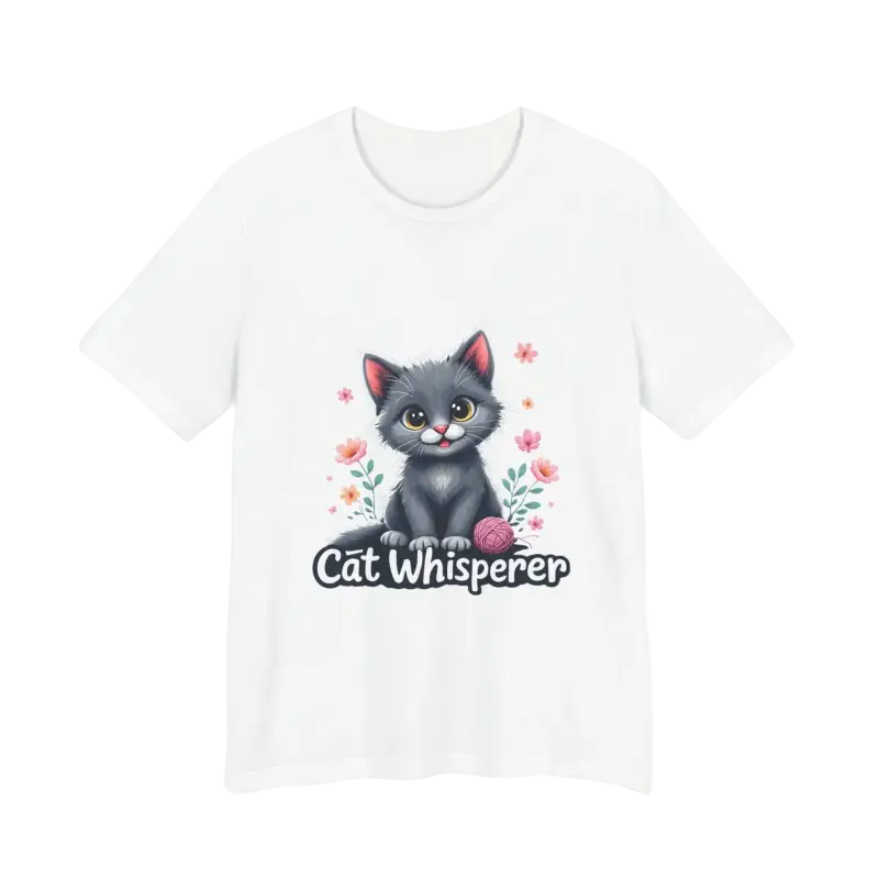 White Cat Whisperer Unisex Jersey Tee featuring a playful cat graphic for cat lovers
