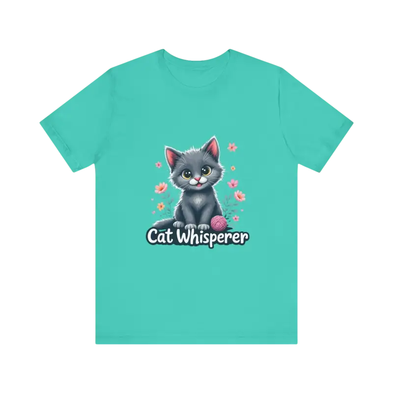 Turquoise Cat Whisperer Unisex Jersey Tee featuring a playful cat graphic design