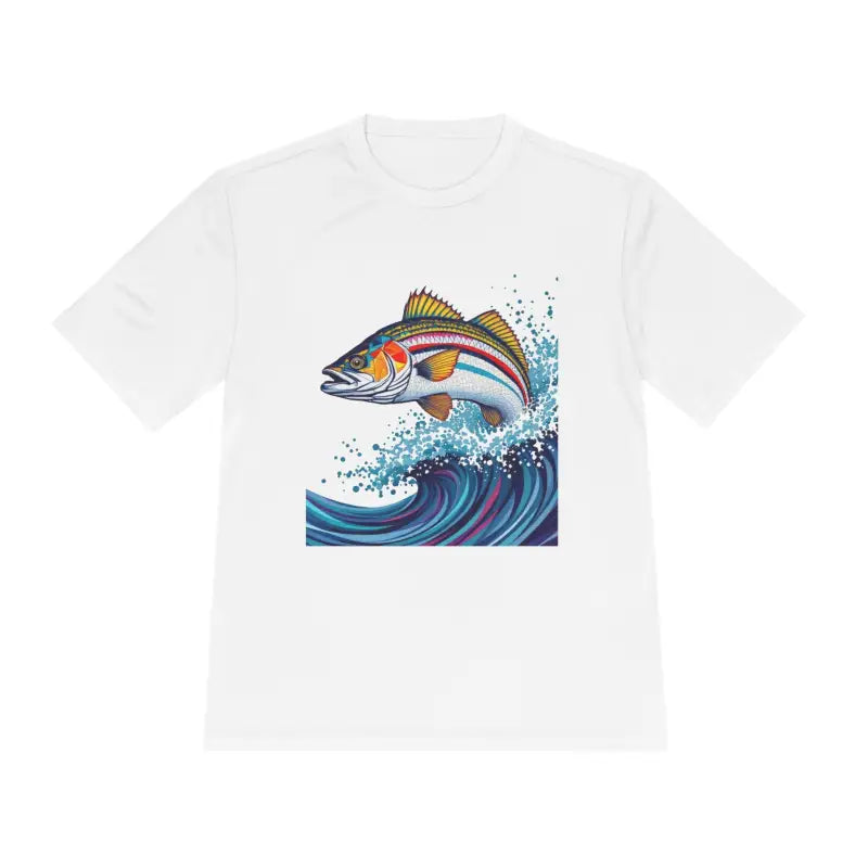 White t-shirt featuring fish graphic from Catch of the Day Unisex Moisture Wicking Fishing Tee