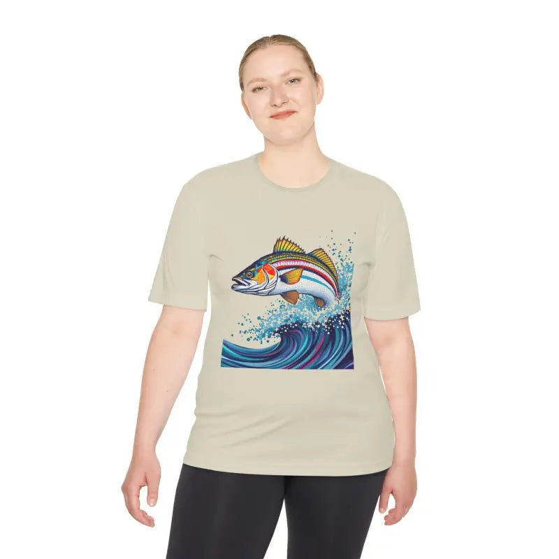 Beige t-shirt featuring a fish graphic from the Catch of the Day Fishing Tee