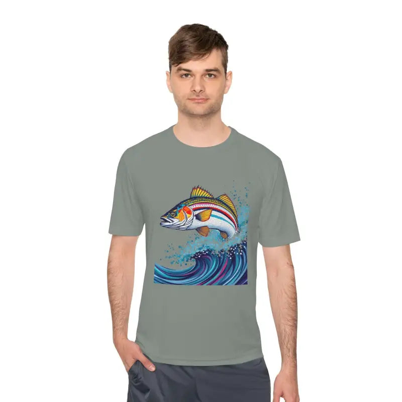 Gray t-shirt featuring a fish graphic from the Catch of the Day Unisex Fishing Tee