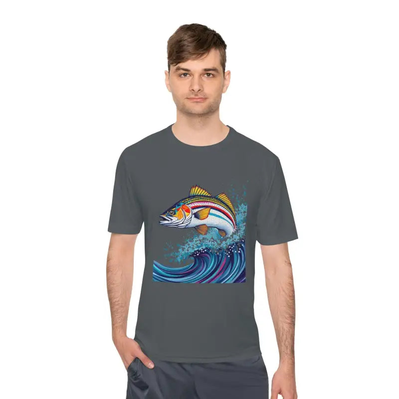 Gray t-shirt featuring a fish graphic from the Catch of the Day Unisex Fishing Tee