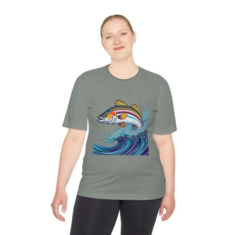 Gray t-shirt with fish graphic from the Catch of the Day Unisex Moisture Wicking Fishing Tee