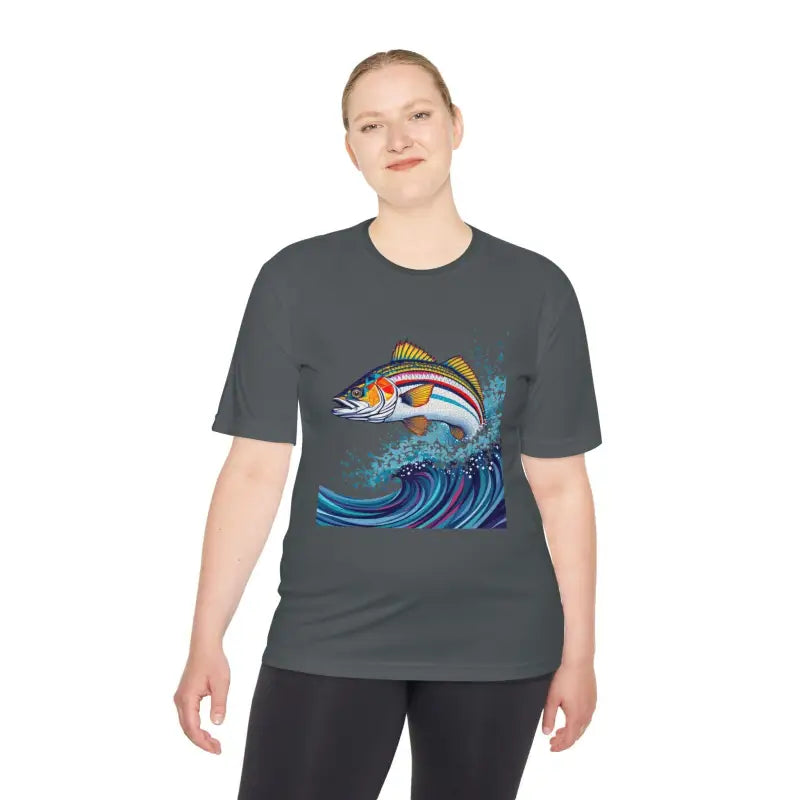 Gray t-shirt featuring a fish graphic from Catch of the Day Unisex Fishing Tee