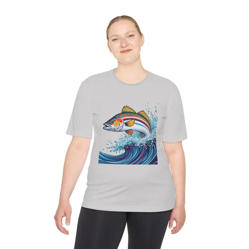 Gray Catch of the Day Unisex Moisture Wicking Fishing Tee featuring fish graphic