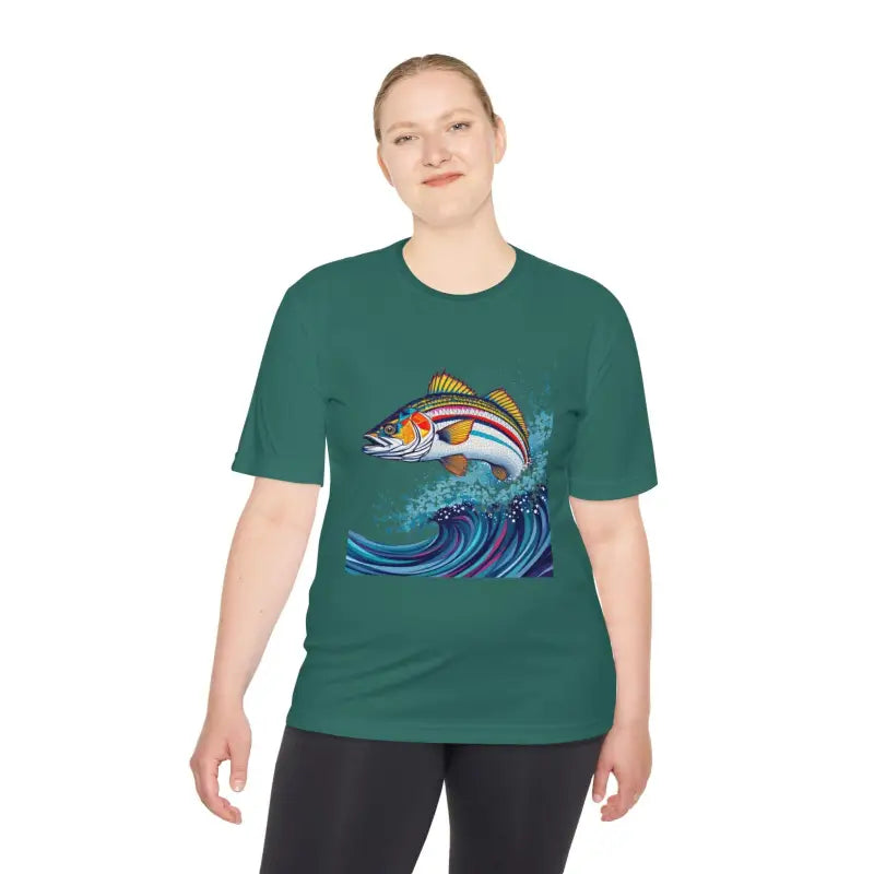 Green t-shirt featuring fish graphic from Catch of the Day Unisex Moisture Wicking Fishing Tee