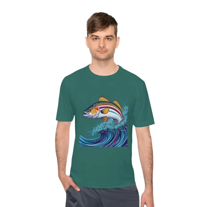 Green t-shirt featuring fish graphic from Catch of the Day Unisex Fishing Tee