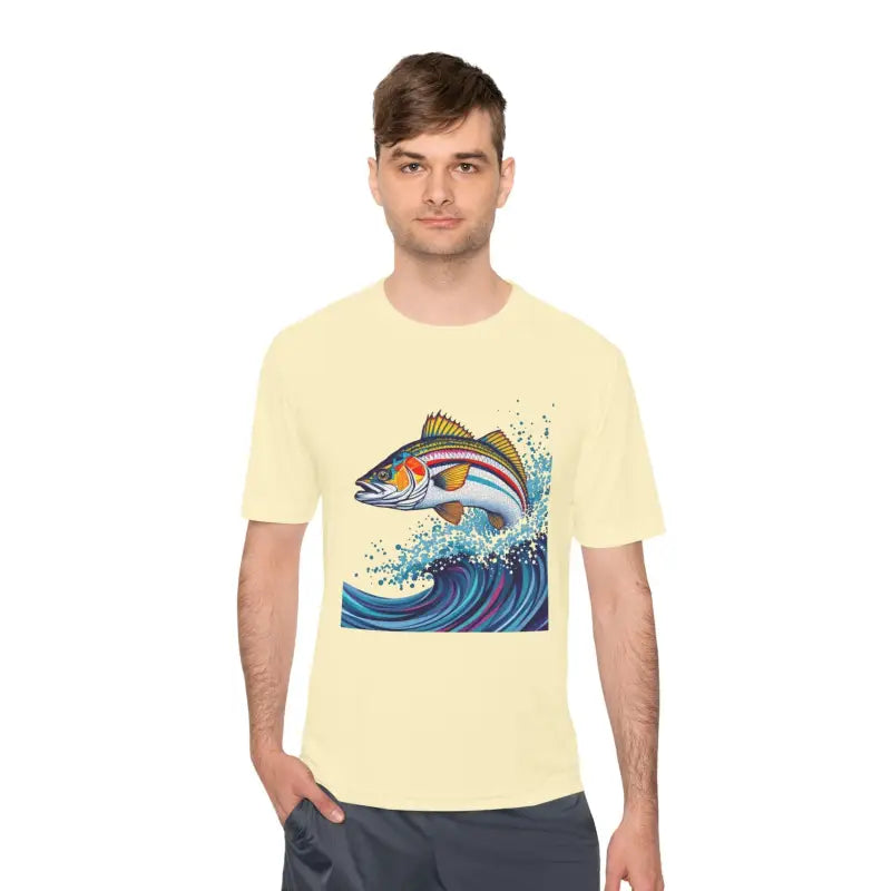 Man in Catch of the Day Unisex Moisture Wicking Fishing Tee with fish design