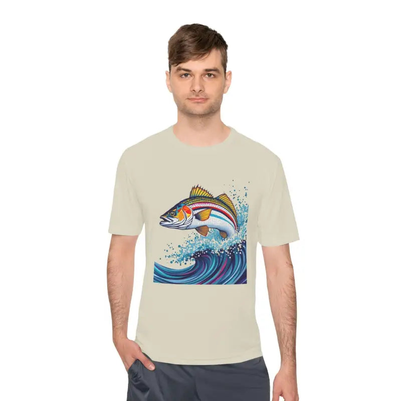 Man wearing Catch of the Day Unisex Moisture Wicking Fishing Tee with fish design