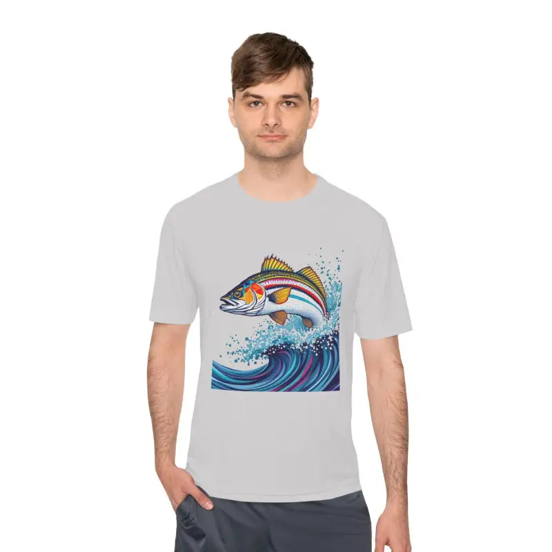 Man showcasing Catch of the Day Unisex Moisture Wicking Fishing Tee with fish design