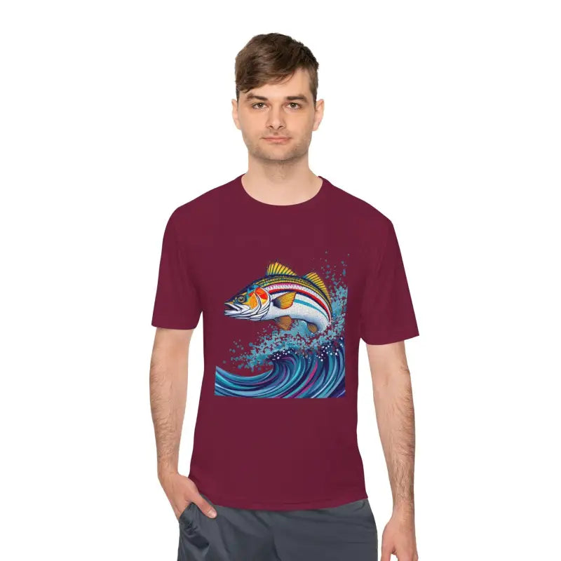 Maroon Catch of the Day Unisex Moisture Wicking Fishing Tee with fish graphic design