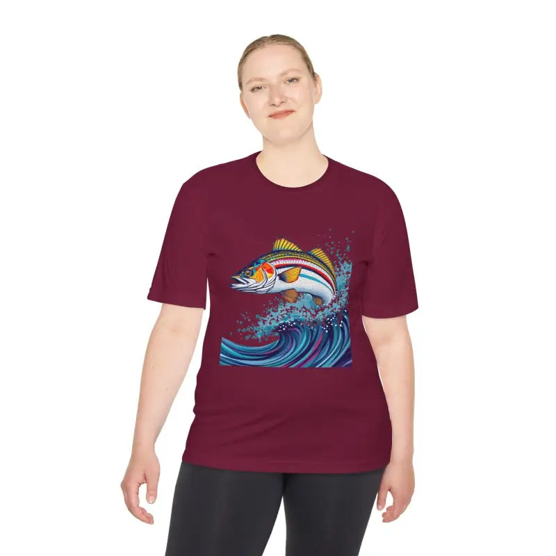 Maroon t-shirt with fish graphic from Catch of the Day Unisex Moisture Wicking Fishing Tee