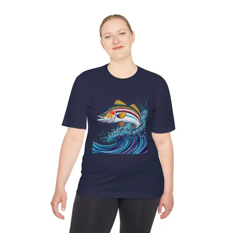 Navy t-shirt featuring fish graphic from Catch of the Day Unisex Fishing Tee collection