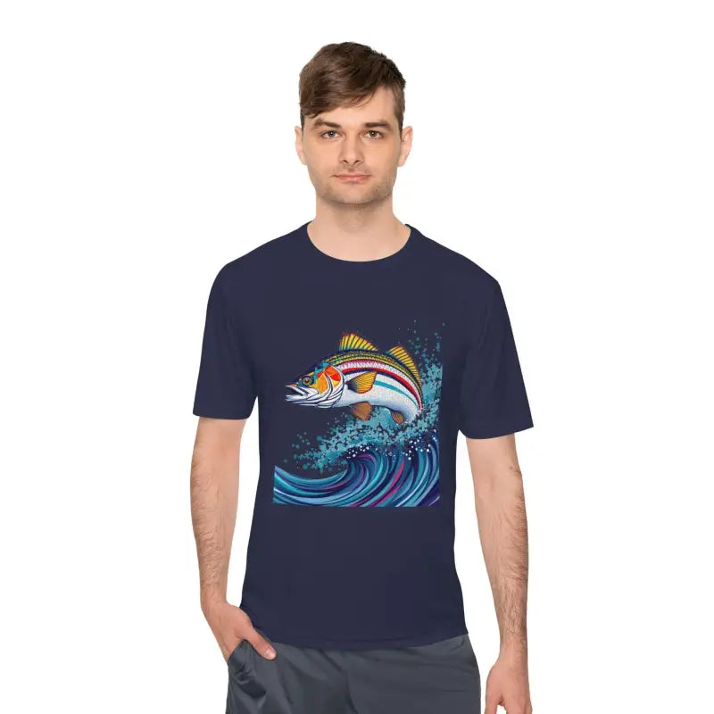 Navy t-shirt with fish graphic from Catch of the Day Unisex Fishing Tee collection