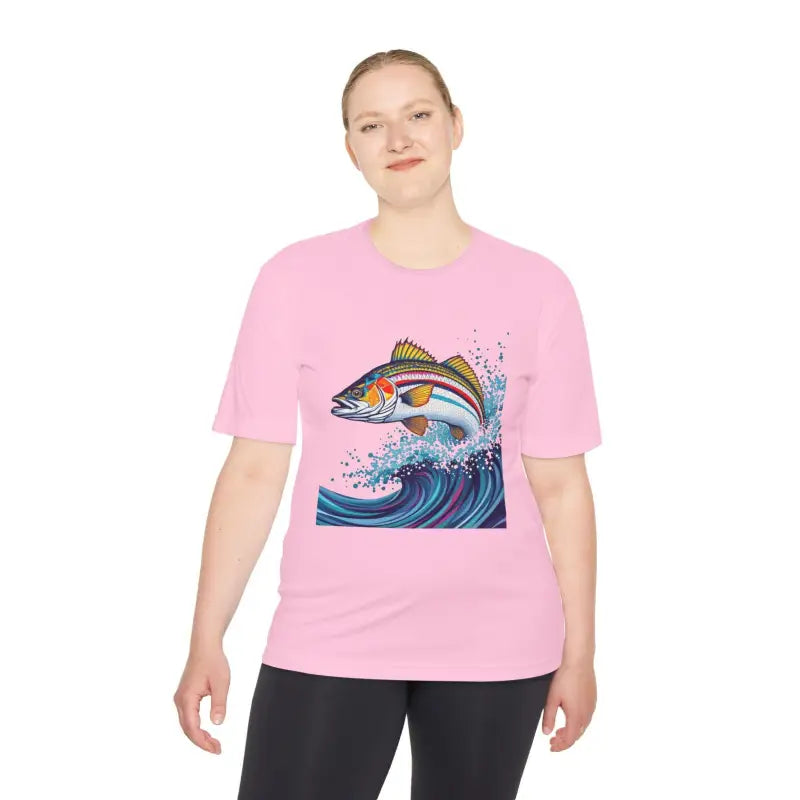 Pink t-shirt featuring fish graphic from Catch of the Day Unisex Moisture Wicking Fishing Tee