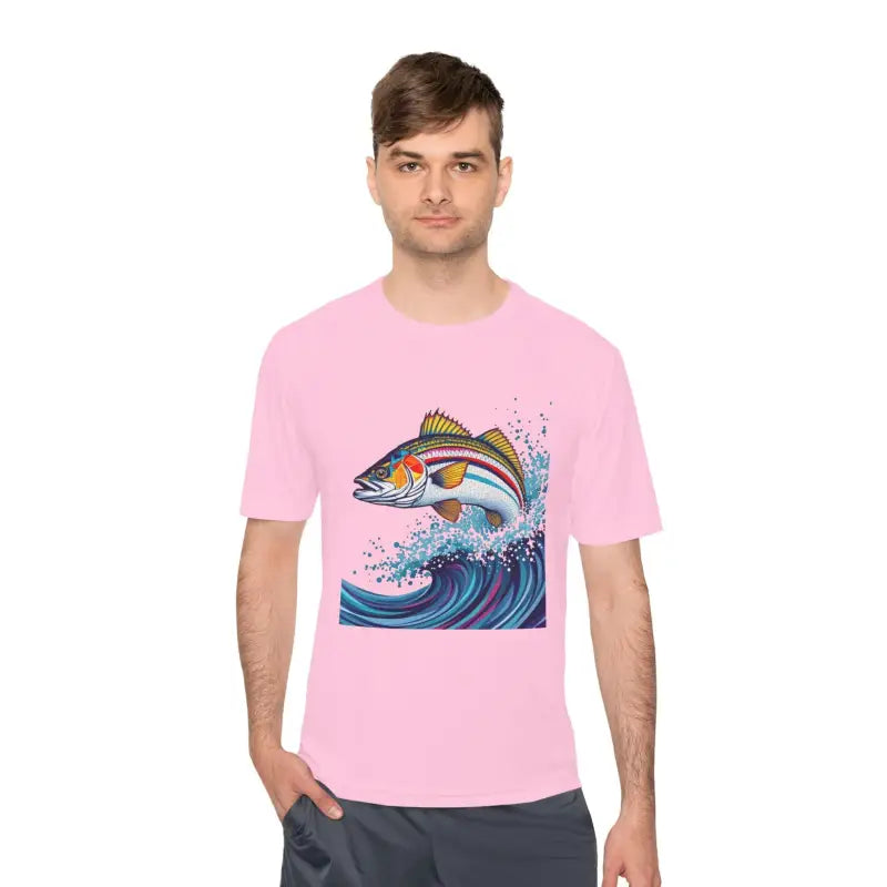 Pink t-shirt featuring fish graphic from Catch of the Day Unisex Fishing Tee