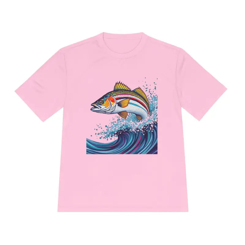 Pink t-shirt featuring a fish graphic from Catch of the Day Fishing Tee collection