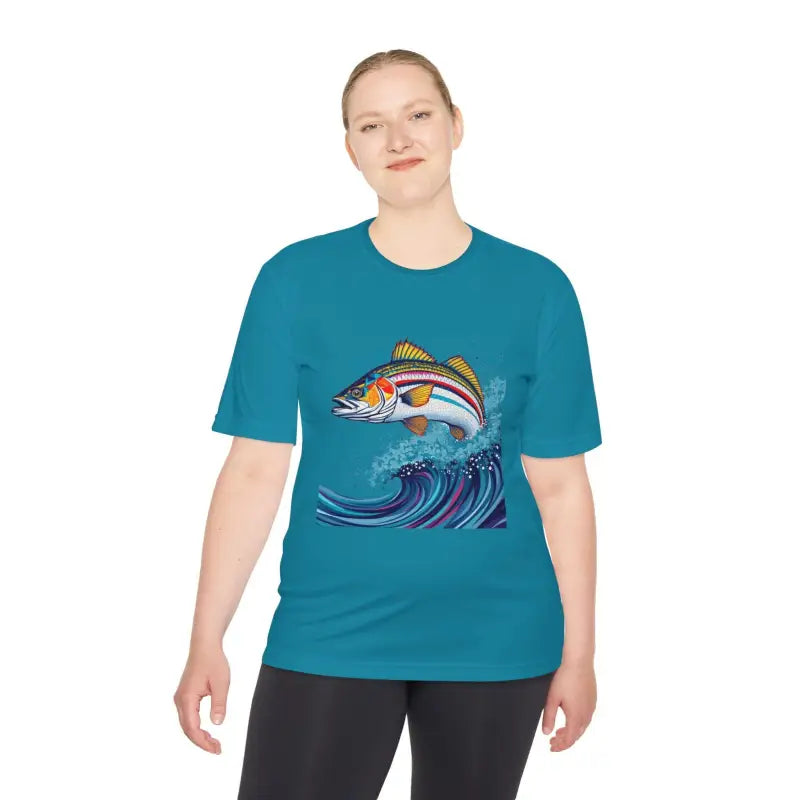 Teal t-shirt featuring a fish design from the Catch of the Day Unisex Fishing Tee