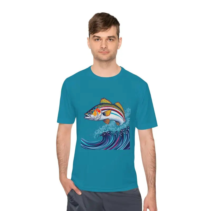 Teal Catch of the Day Unisex Moisture Wicking Fishing Tee with fish graphic design