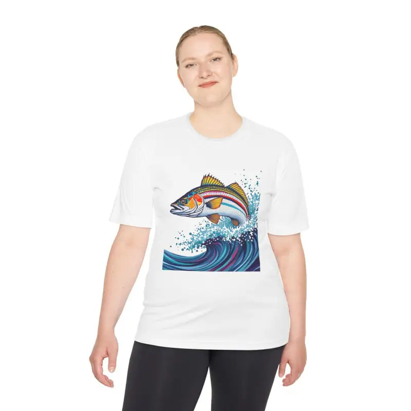White t-shirt featuring a fish design from Catch of the Day Unisex Fishing Tee