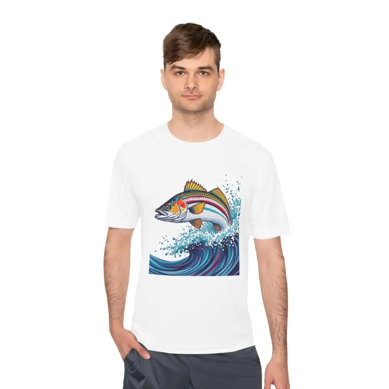 White t-shirt featuring fish graphic from Catch of the Day Unisex Moisture Wicking Fishing Tee