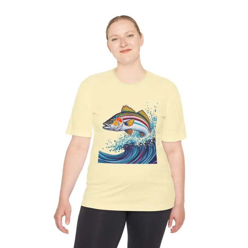 Woman modeling Catch of the Day Unisex Moisture Wicking Fishing Tee with fish design