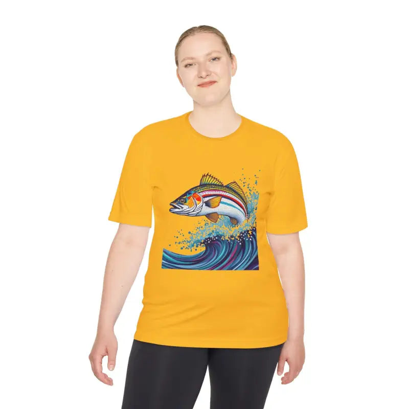Yellow Catch of the Day Unisex Moisture Wicking Fishing Tee with fish graphic design