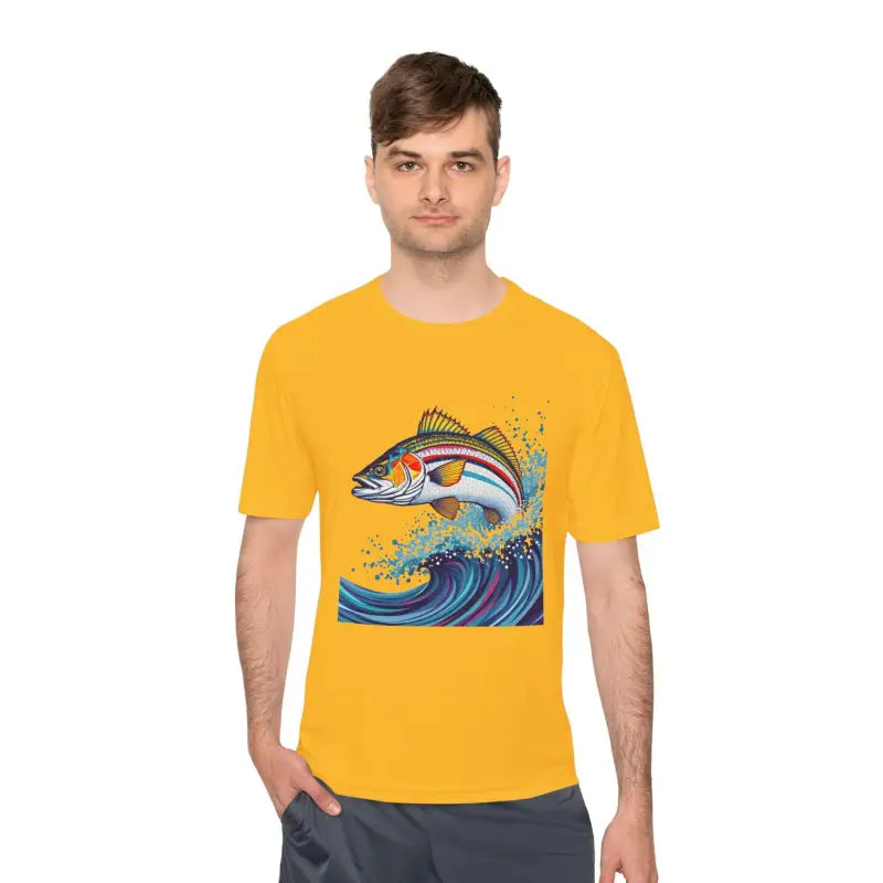 Yellow t-shirt featuring fish graphic from Catch of the Day Unisex Fishing Tee