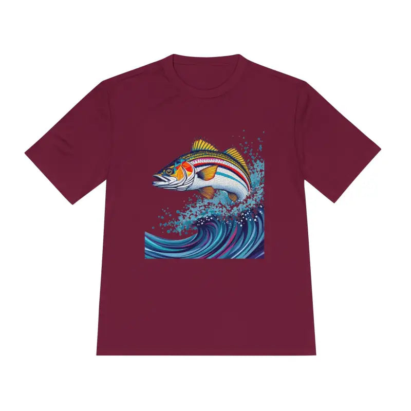 Maroon Catch of the Day Unisex Moisture Wicking Fishing Tee with fish graphic design