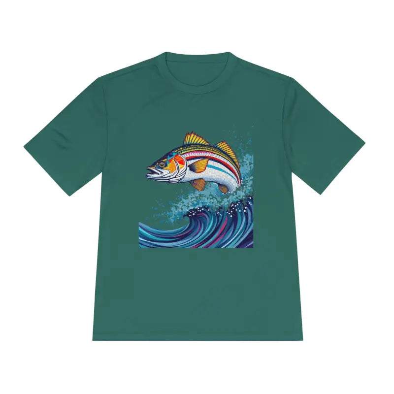 Green t-shirt featuring a fish graphic from the Catch of the Day Unisex Moisture Wicking Fishing Tee