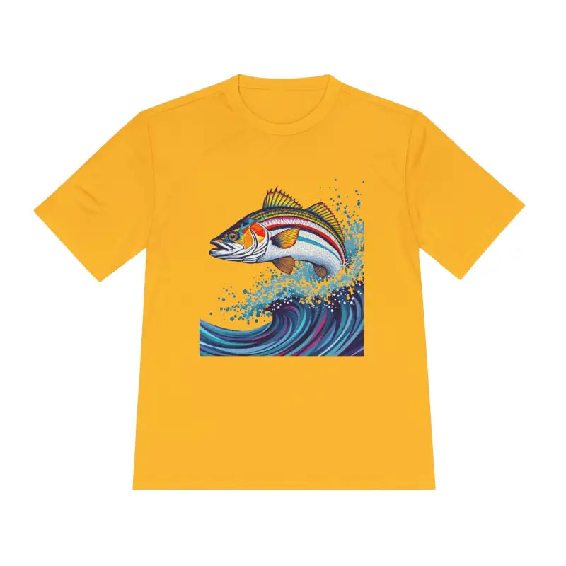 Yellow t-shirt featuring fish graphic from Catch of the Day Unisex Fishing Tee