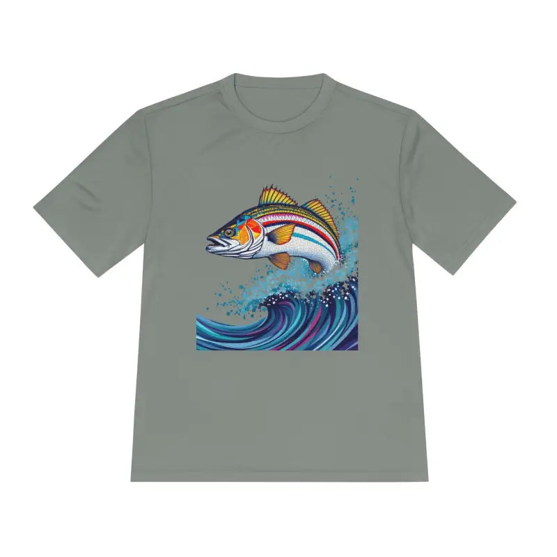 Gray t-shirt featuring fish graphic from Catch of the Day Unisex Moisture Wicking Fishing Tee