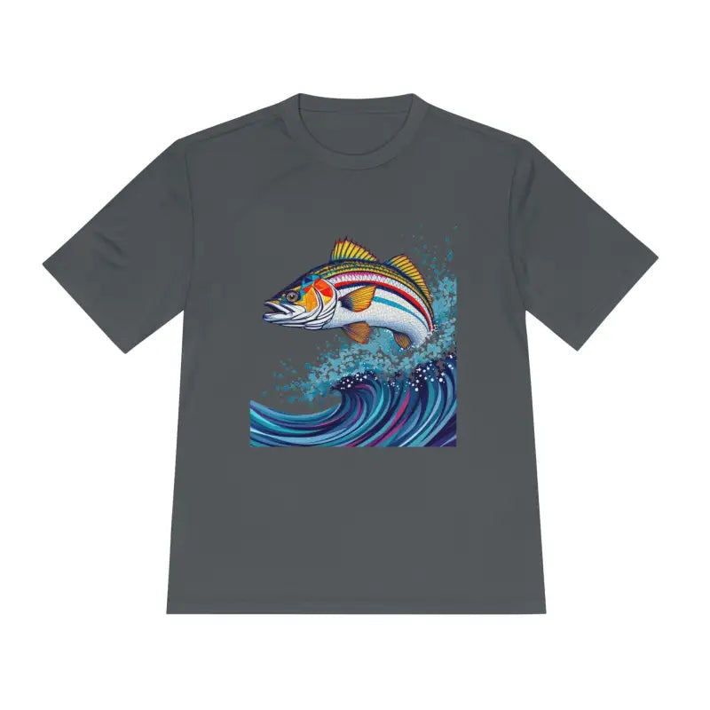 Gray t-shirt featuring fish graphic from Catch of the Day Unisex Fishing Tee