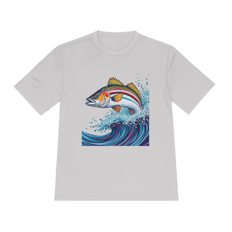 Gray t-shirt featuring fish graphic from Catch of the Day Unisex Fishing Tee