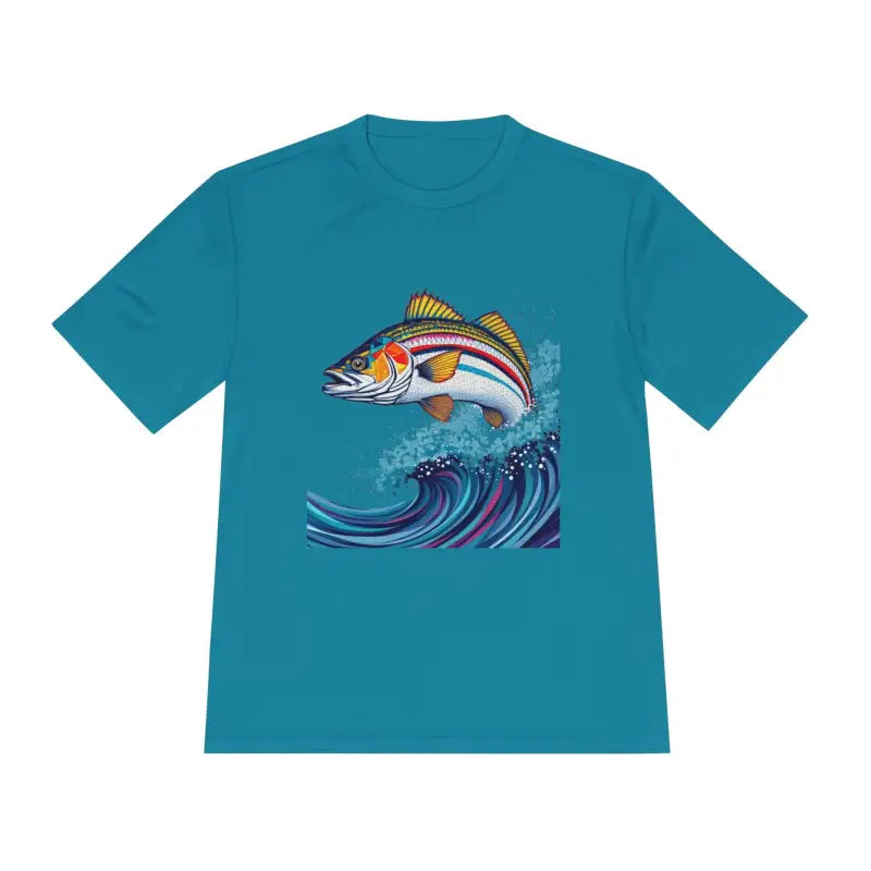 Teal t-shirt featuring fish graphic from Catch of the Day Unisex Fishing Tee