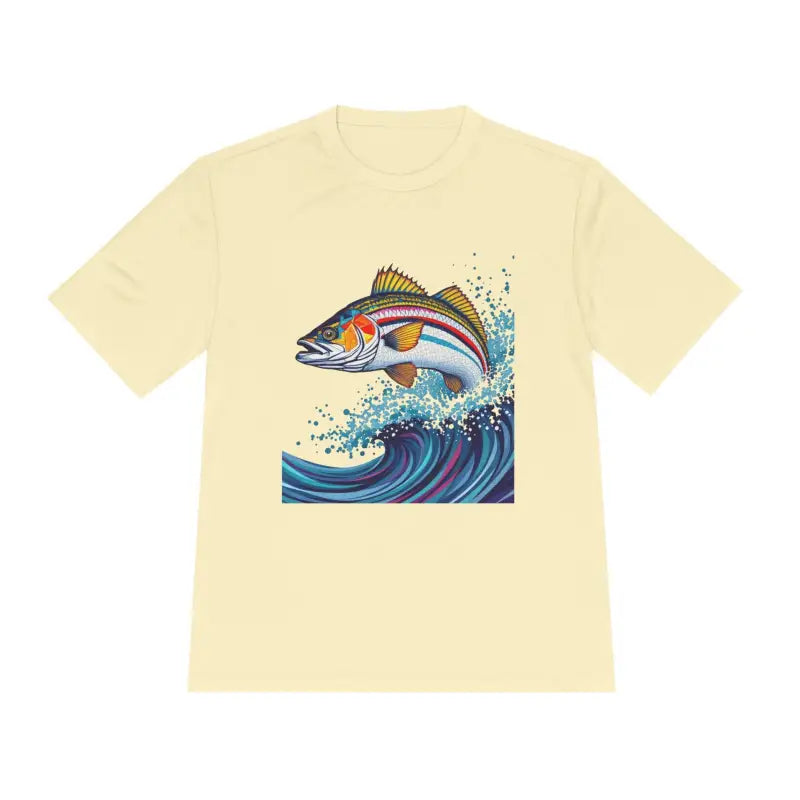 Pale yellow Catch of the Day Unisex Moisture Wicking Fishing Tee with fish graphic
