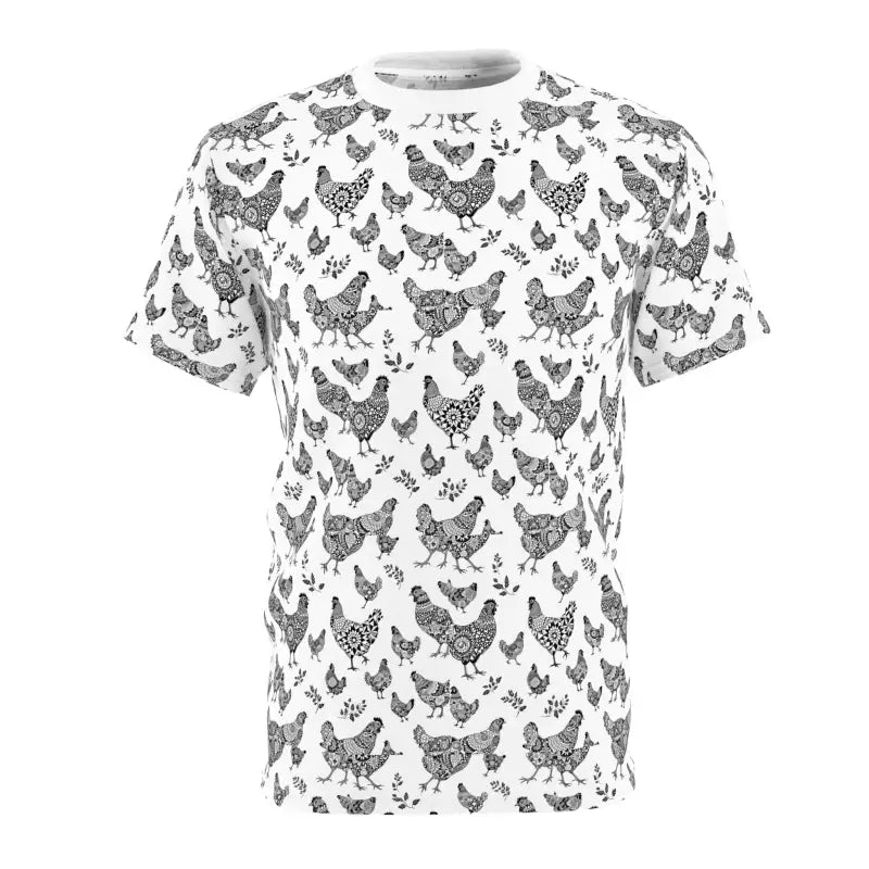 White chicken pattern unisex tee offering a fun and stylish farmhouse vibe