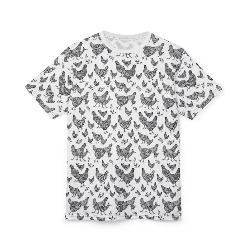 White unisex t-shirt featuring a playful chicken pattern for a stylish farmhouse vibe