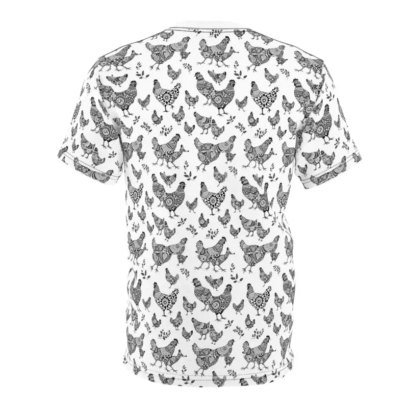 Chic Chicken Pattern Unisex Tee showcasing a fun farmhouse vibe for casual wear