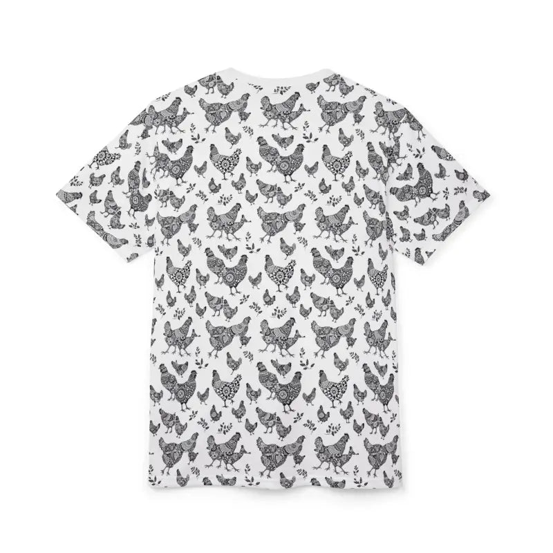 White t-shirt featuring a chicken pattern from the Chic Chicken Pattern Unisex Tee