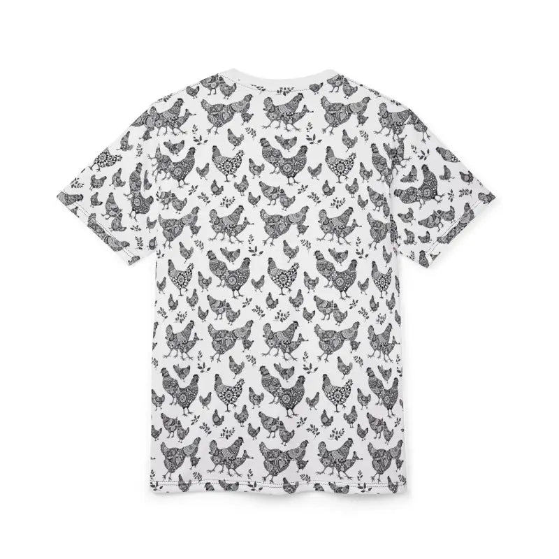 White t-shirt featuring a playful chicken pattern for a stylish farmhouse look