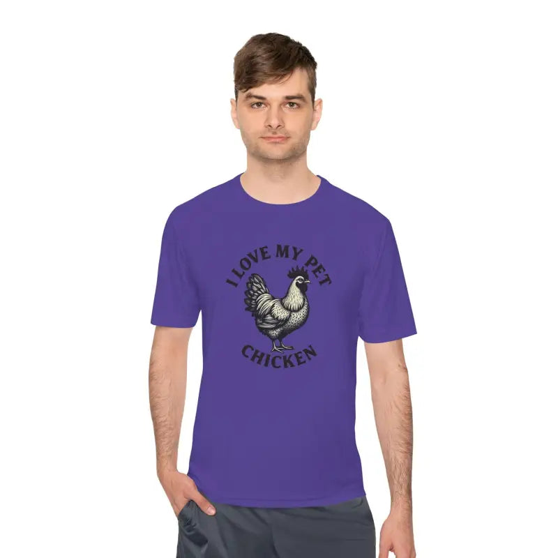 Purple t-shirt featuring chicken graphic for Chicken Lover Unisex Spork Tek Tee