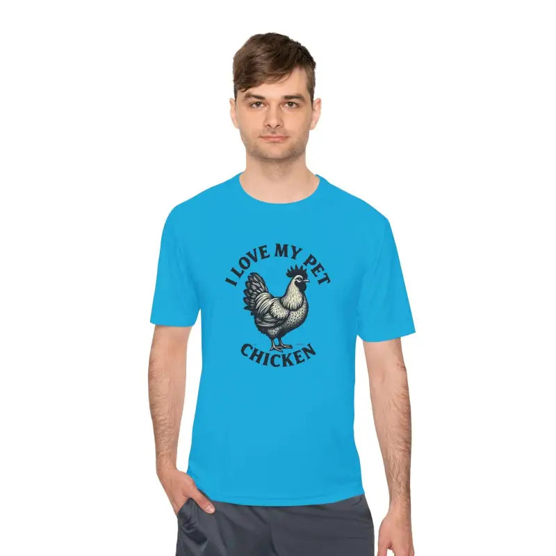 Blue Chicken Lover Unisex Spork Tek Tee for Active Pet Owners featuring a chicken graphic